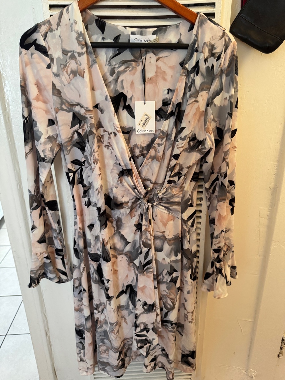 Calvin Klein Long-Sleeve Floral Wrap Dress in Blush, Gray & Black